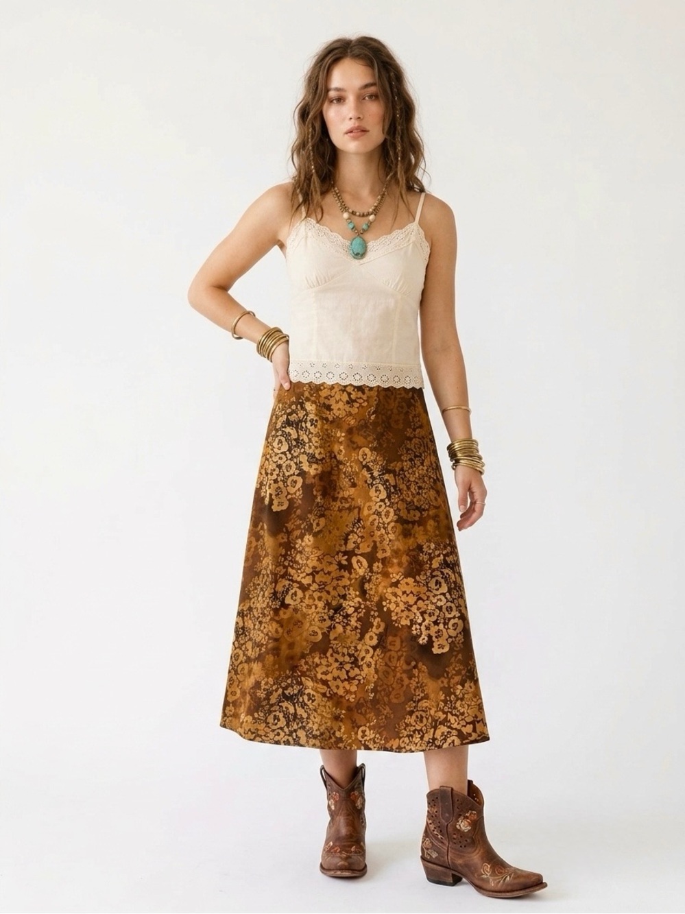 Vintage 90s Miss Dorby Brown Gold Floral Midi Skirt Petite 6P A-Line Bohemian